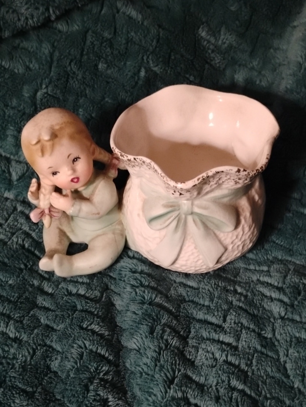 Vintage Relpo Ceramic Planter-Girl With Braids And Green Raised Bow Accent